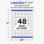 Avery® Matte White Square Labels, 1" x 1", 2400 Total 2,400 labels