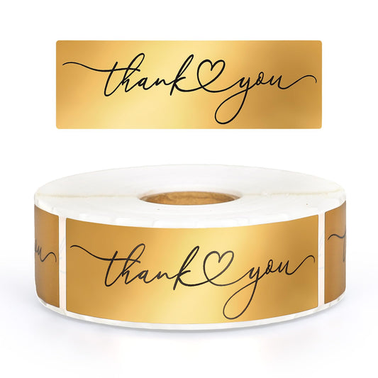Whaline 500Pcs Thank You Stickers Roll Gold Foil Thank You Rectangle Self-Adhesive Label Decals for Envelope Wedding Birthday Holiday Party Supplies, 1 x 3 Inch