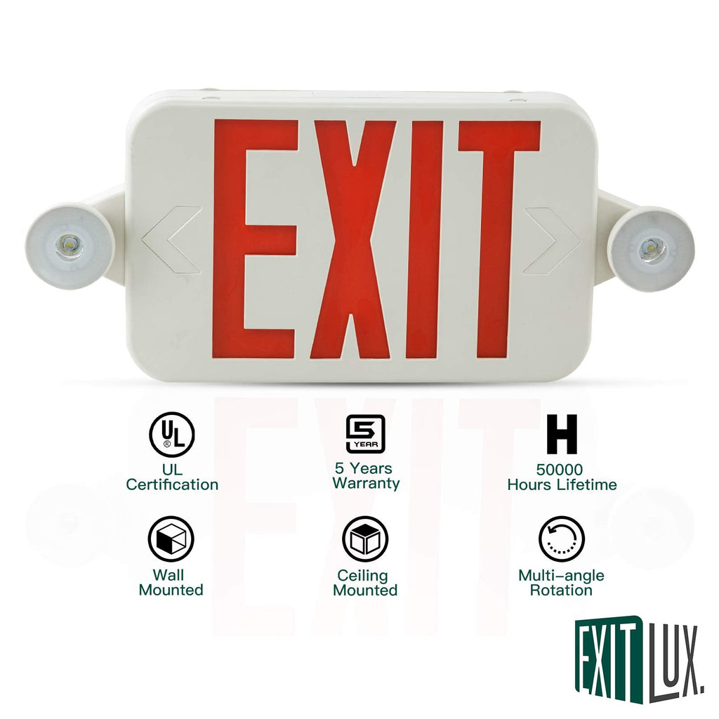1 Pack Red &Green LED Exit Sign with Emergency Lights-Two LED Adjustable Head Emergency Exit Light-UL Listed- Emergency Exit Light Combo with Backup Battery-120/277VAC. 1 Pack