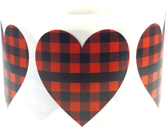 Red Buffalo Plaid Heart Stickers Valentine's Day Crafting Scrapbooking 1.5 Inch 500 Adhesive Stickers Red Plaid