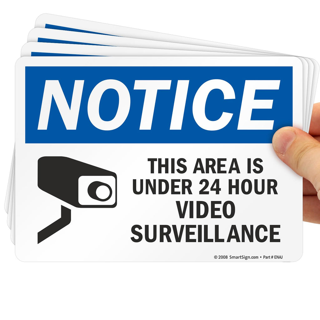 SmartSign 5x7 inch surveillance notice sticker labels in blue, black, and white with superstick adhesive, laminated polyester, pack of 4
