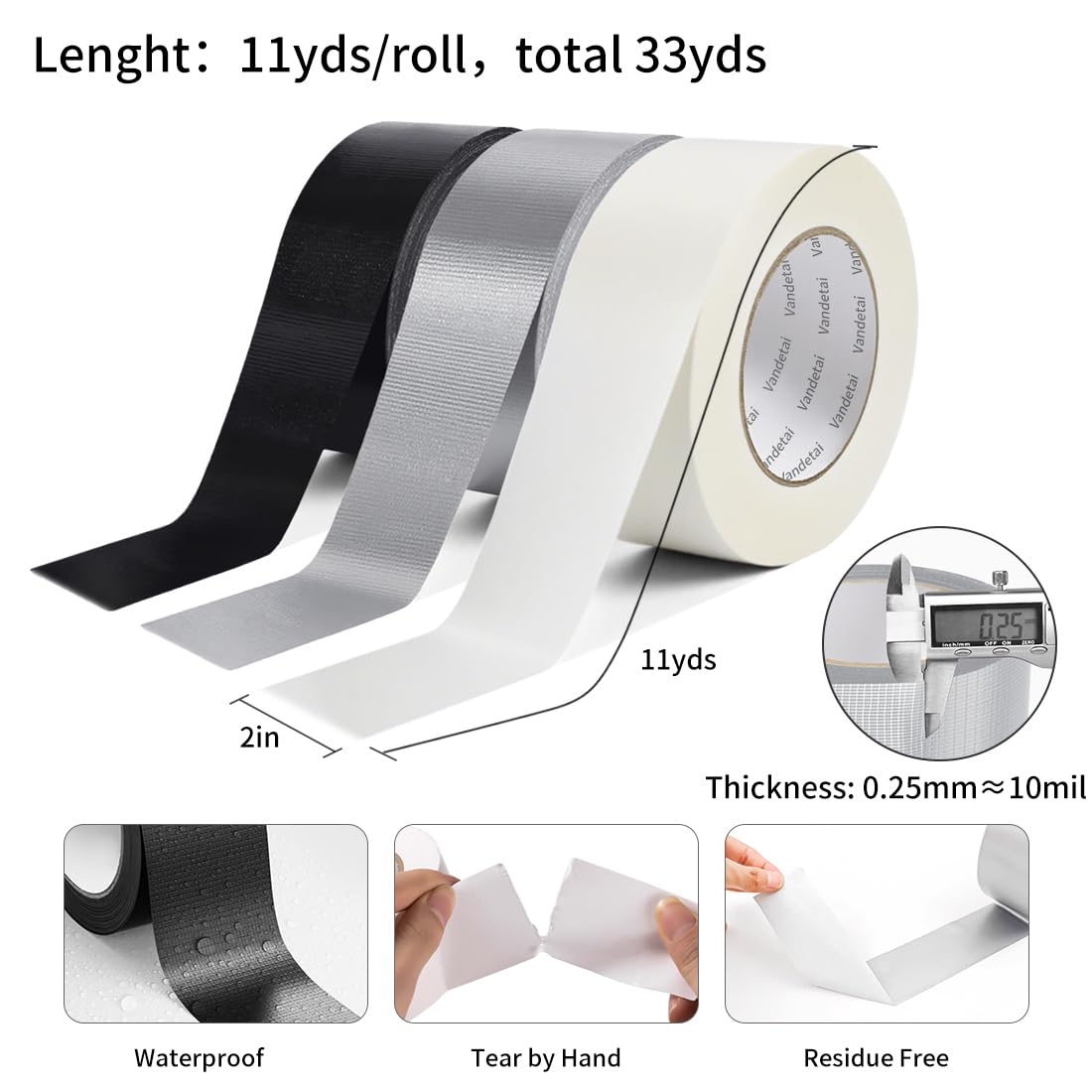 Duct Tape Heavy Duty Waterproof, Strong Adhesive Silver Duct Tape Bulk for Indoor Outdoor Repairs, DIY Work, Tear by Hand (Black + Silver + White 3 Pack, 2 Inch x 33 Yards Total) Black + Silver + White 3 Pack