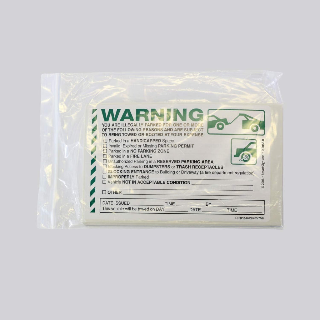 SmartSign Warning You are Illegally Parked Stickers | Pack of 50 Labels with Permanent Adhesive, 5 x 8 inch Paper, Tow Warning Parking Sticker, Hard to Remove Write-On Tickets, Green, Black and White Warning - Illegally Parked