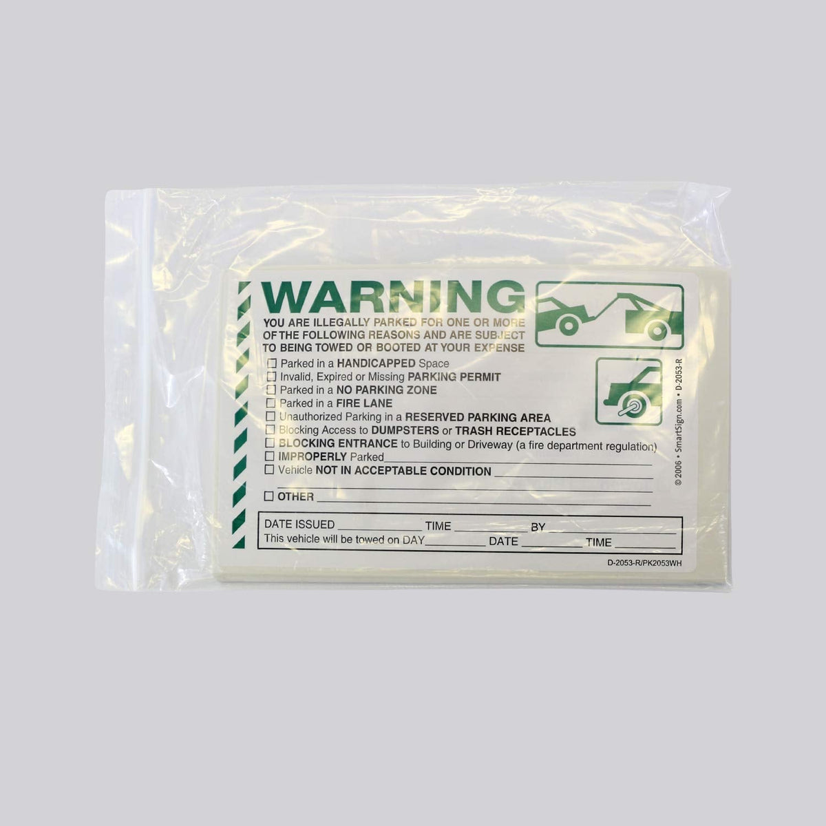 SmartSign Warning You are Illegally Parked Stickers | Pack of 50 Labels with Permanent Adhesive, 5 x 8 inch Paper, Tow Warning Parking Sticker, Hard to Remove Write-On Tickets, Green, Black and White Warning - Illegally Parked