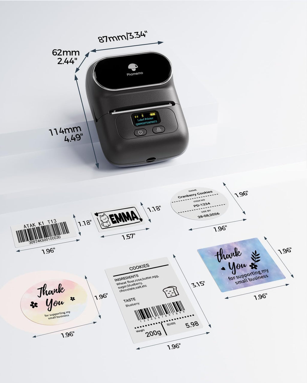 Phomemo M110 Label Maker with 3 Tapes, Bluetooth Portable Thermal Printer Black 1 Printer + 3 Roll Labels