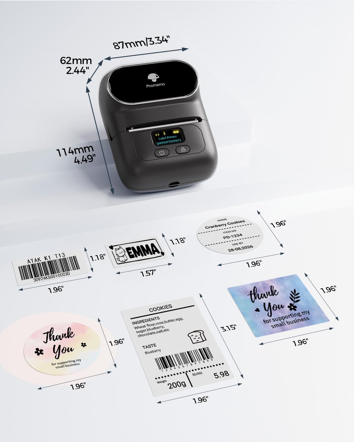 Phomemo M110 Label Maker with 3 Tapes, Bluetooth Portable Thermal Printer Black 1 Printer + 3 Roll Labels