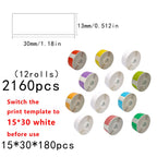 12Rolls D30 Label Tape P15 Thermal Label Stickers 15x30mm Paper Multicolor