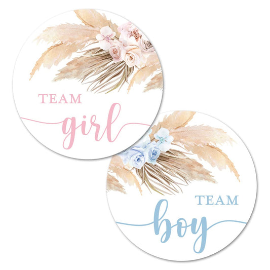Pampas Grass Team Girl, Team Boy Gender Reveal Stickers - 40 Labels (20 of Each Design)