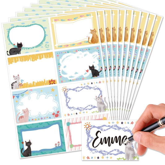 OLYCRAFT 80Pcs/10 Sheets Cartoon Cat Name Tags Sticker 3.3x2.4 Inch Crayon Drawing Style Self Adhesive Name Tags Blank Name Labels Writable Adhesive Name Label for Office Bulletin Board Decoration