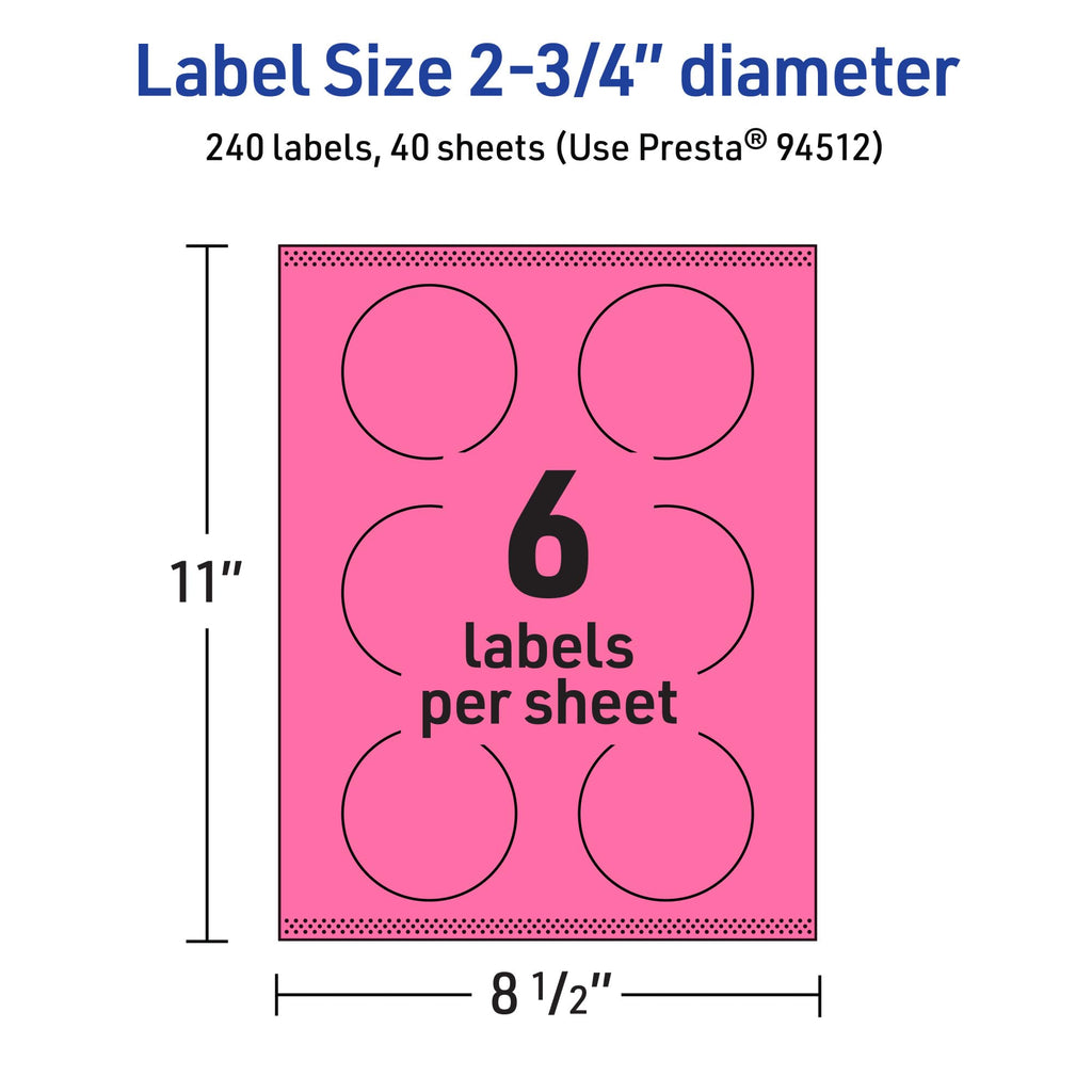 Avery Printable Round Labels, Sure Feed Technology, 2-3/4" Diameter, Bright Pink Labels, Print-to-The-Edge, Laser/Inkjet Printable, 240 Total, Great for Soaps and Packaging 240 labels