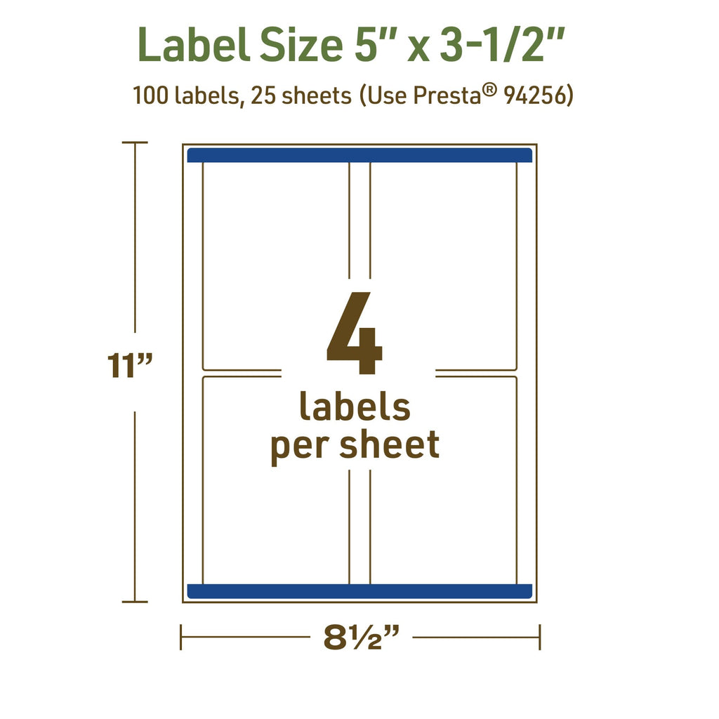 Avery Dissolvable Rectangle Labels, Sure Feed Technology, 5" x 3.5", Matte White, Laser/Inkjet Printable, 100 Labels Total, Freezer-Safe, Microwave-Safe, Refrigerator-Safe