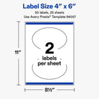 Avery® Printable Matte White Oval Labels, 4" x 6", 50 Total 50 labels