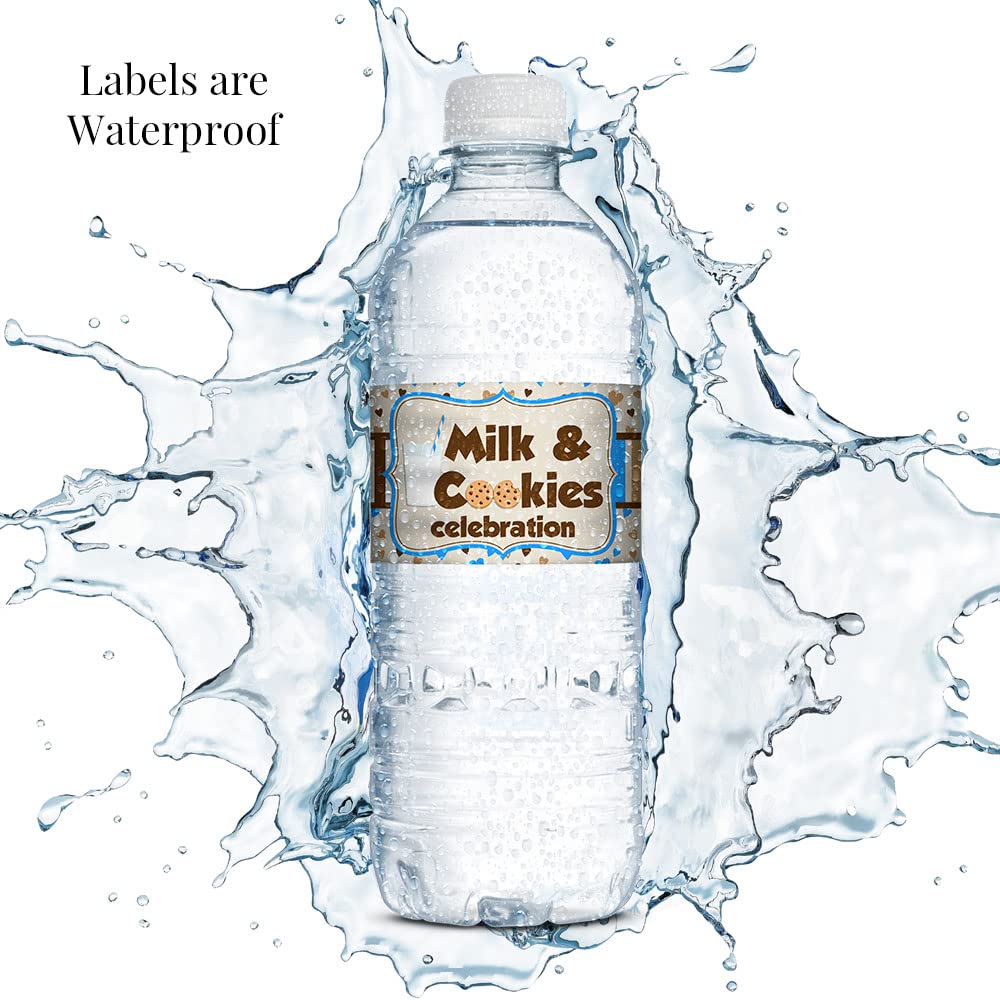 Milk and Cookies Birthday Themed Waterproof Water Bottle Sticker Wrappers 20 Wrap Around Labels Sized 1.75" x 8.5" by AmandaCreation