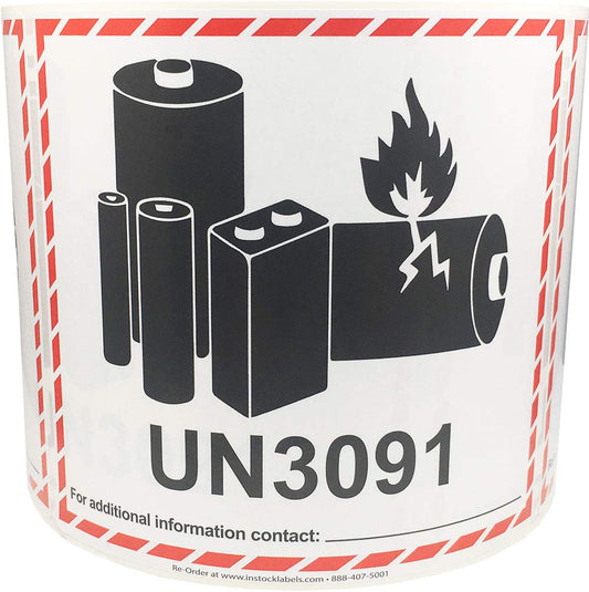 UN3091 Caution Lithium Battery Labels 4.5 x 5 Inch 500 Adhesive Stickers