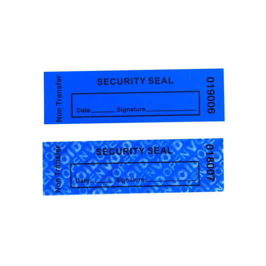 TamperSeals Group - 100pcs Non Transfer Tamper Proof Security Warranty VoidOpen Labels/Stickers/Seals for The Reusable Package or Expensive Surface (Blue, 1 x 3.35 inches, Serial Numbers) Blue