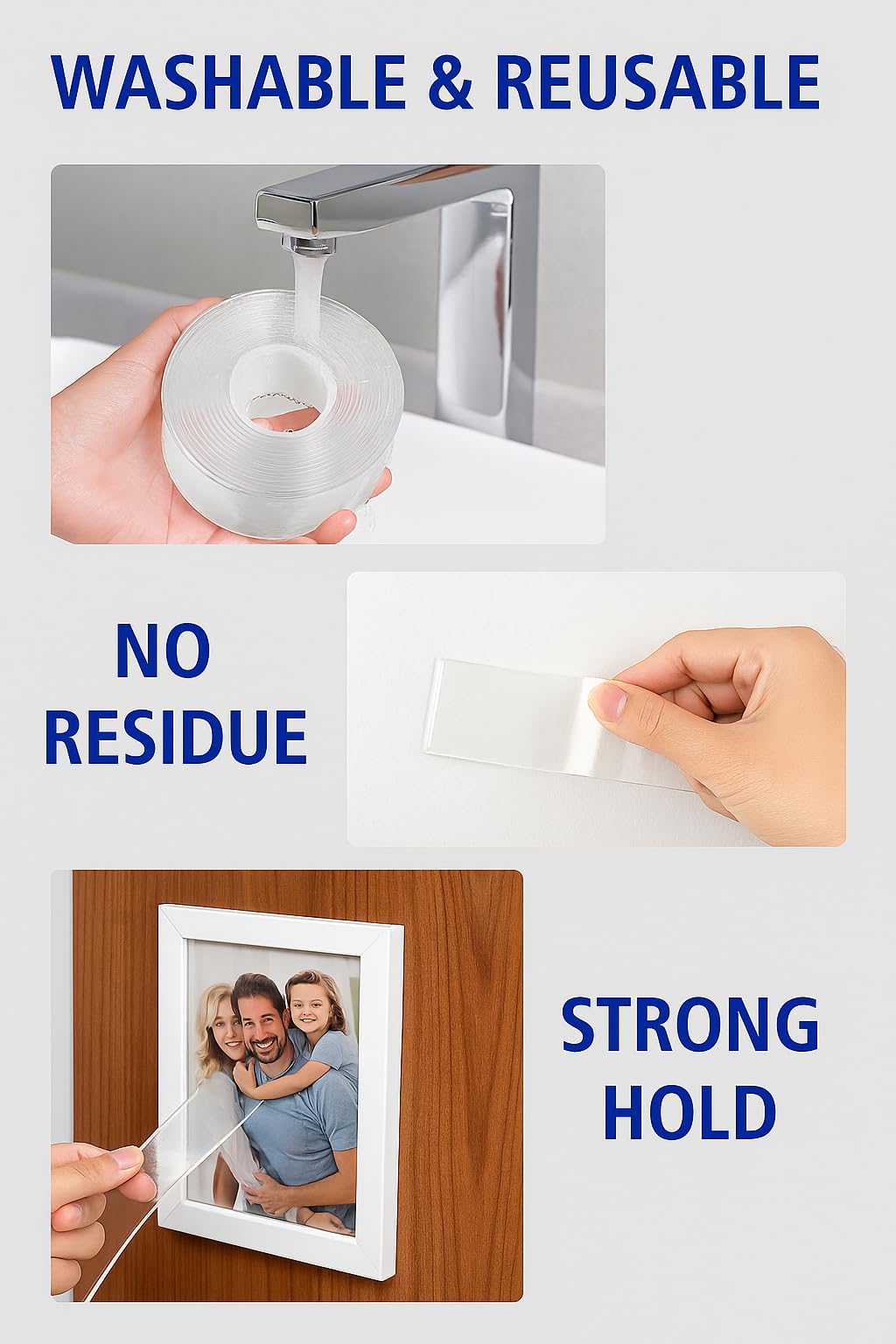 Heavy Duty Double Sided Mounting Tape - 10ft Clear Removable Adhesive Strips for Wall Pictures Decor - Damage Free Reusable Nano Technology