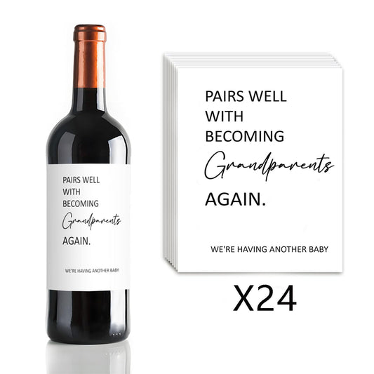 24 Pcs Funny New Grandparent Wine Label New Baby Wine Bottle Stickers Pairs Well with Becoming Grandparents Wine Bottle Labels Pregnancy Announcements Gifts