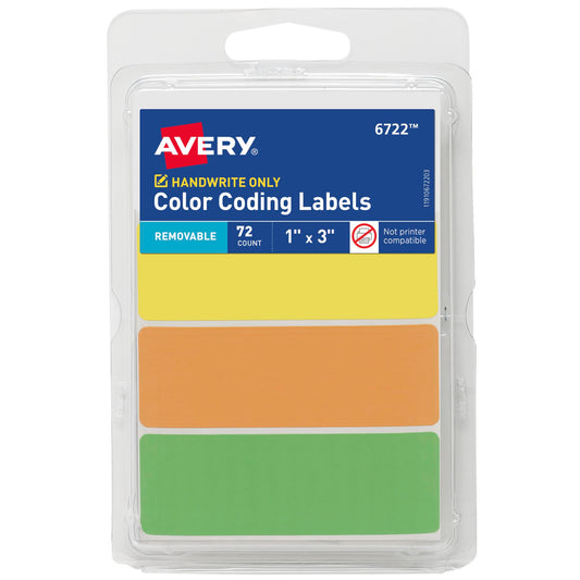 Avery Color-Coding Removable Labels, 1" x 3", Assorted Neon Colors, Non-Printable, 72 Blank Labels Total (6722) 1 Pack