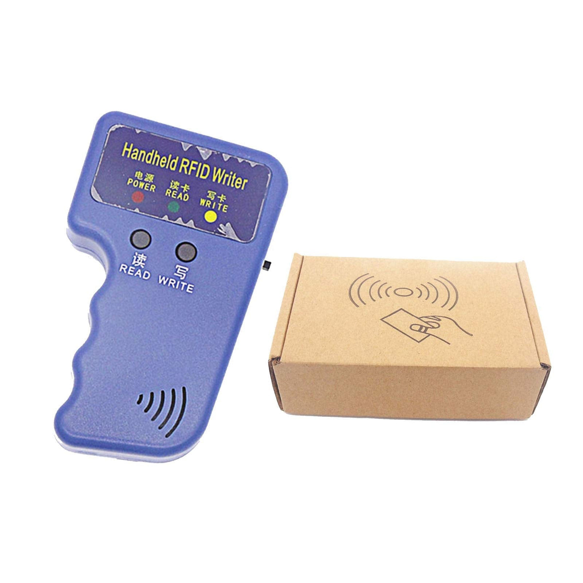 Riversmerge handheld RFID copier for T5577 and EM4305 cards, with 5 keychains and T5577 sticker coins, used for ID card duplication.