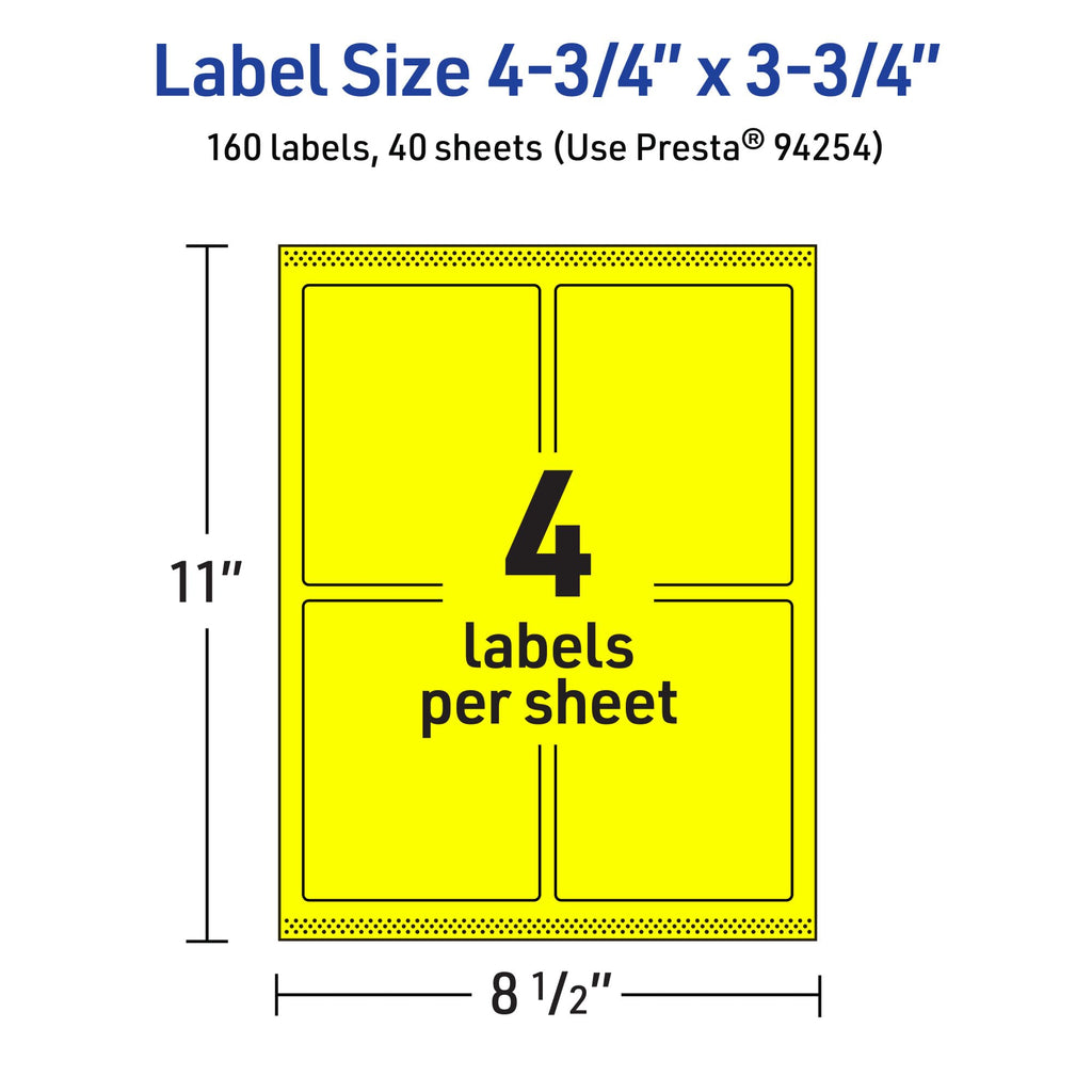 Avery® Printable Rectangle Labels, Sure Feed® Technology, 4-3/4" x 3-3/4", Neon Yellow Labels, Print-to-The-Edge, Laser/Inkjet Printable, 160 Total, Great for Shipping and Packaging 160 labels