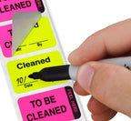 ChromaLabel fluorescent pink and yellow double-layer quality control labels, 1x1.5 inch, imprinted with "to Be Cleaned" and "Cleaned"