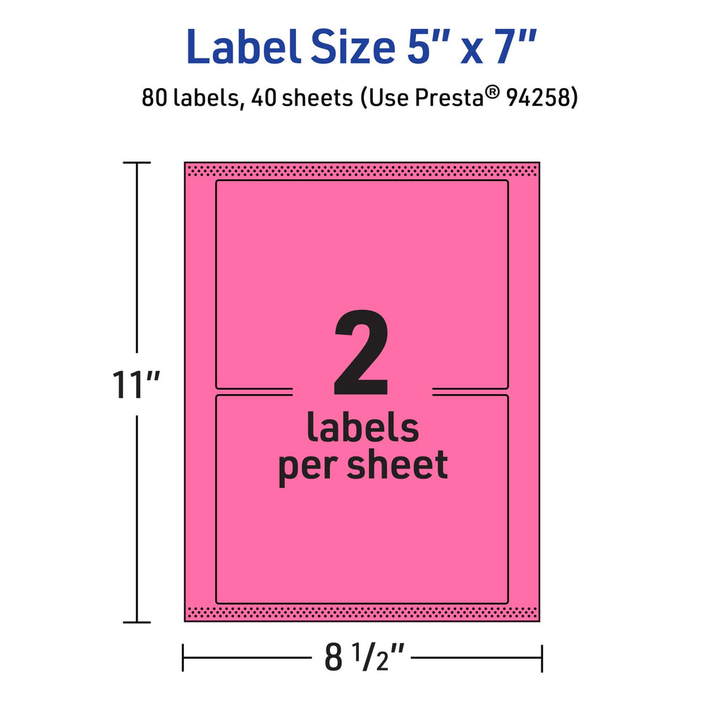 Avery Printable Rectangle Labels, Sure Feed Technology, 5" x 7", Bright Pink Labels, Laser/Inkjet Printable, 80 Total, Great for Shipping and Packaging 80 labels
