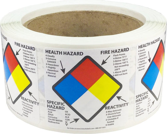 Right to Know Labels Health Fire Reactivity Specific Hazard 2 x 2 Inch Square 500 Adhesive Stickers