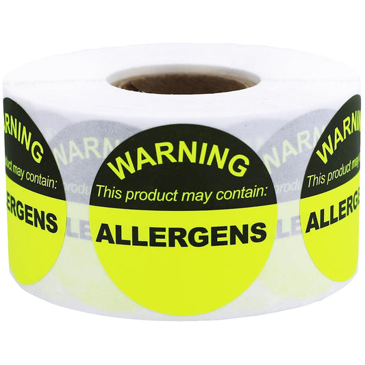 Allergen Warning Food Stickers Fluorescent Yellow 1.5 Inch Round Circle Dots 500 Total Adhesive Stickers
