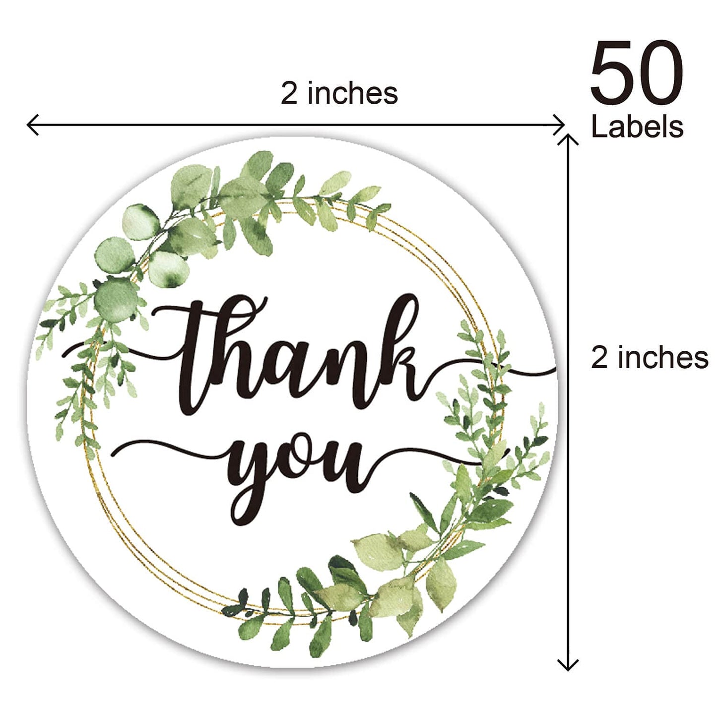 50 Greenery Thank You Stickers - Favor Stickers - Thank You Labels for Baby Shower, Wedding, Small Business, Bakeries, Handmade Goods, 2 Inches.