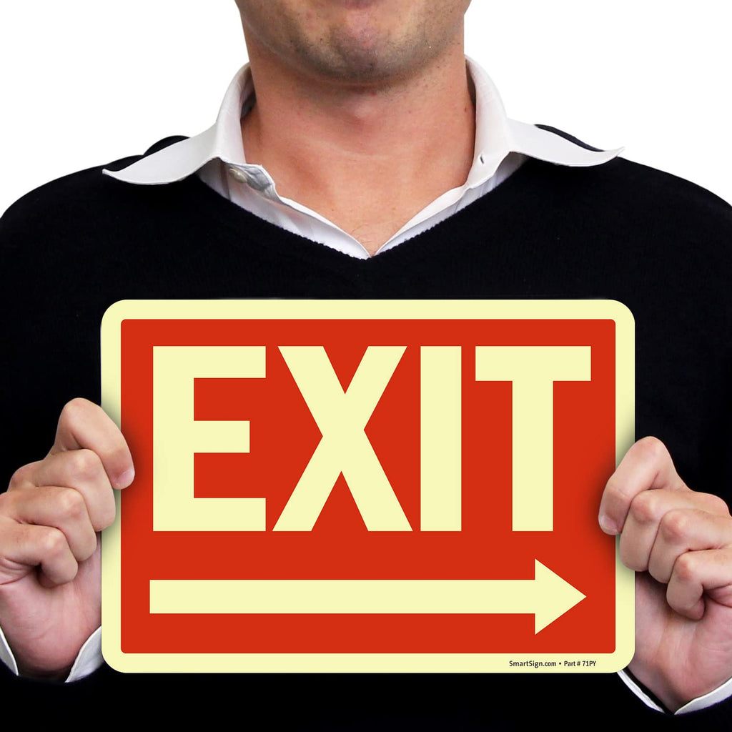 SmartSign Exit Sign Label with Right Arrow | 7" x 10" Laminated Vinyl Sticker Glow in Dark/Night 7" x 10" Glow-in-The-Dark Vinyl Label