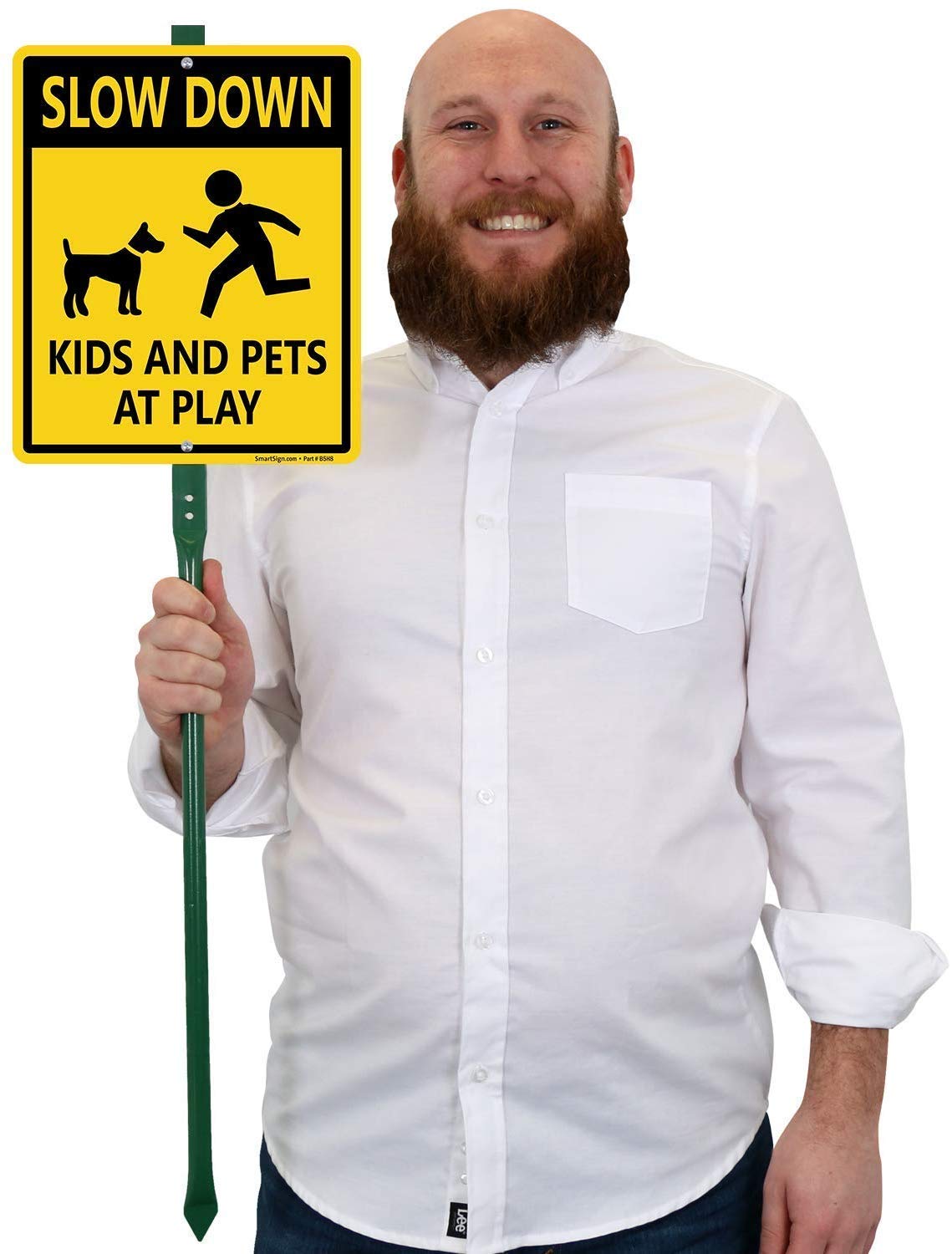 SmartSign "Slow Down - Kids And Pets At Play" LawnBoss® Sign | 10" x 12" Aluminum Sign With 3' Stake 10" x 12"