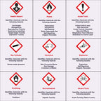 ChromaLabel 4x4 GHS02 Flammable hazard label roll with durable square D.O.T. symbols for industrial safety and labeling.