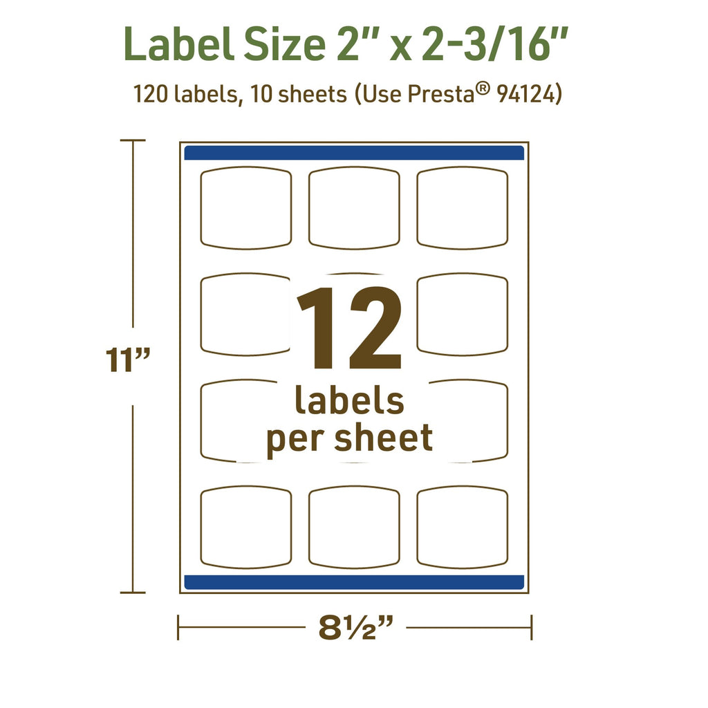 Avery Dissolvable Arched Square Labels, Sure Feed Technology, 2" x 2-3/16", Matte White, Print-to-The-Edge, Laser/Inkjet Printable, 120 Labels Total