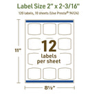 Avery Dissolvable Arched Square Labels, Sure Feed Technology, 2" x 2-3/16", Matte White, Print-to-The-Edge, Laser/Inkjet Printable, 120 Labels Total