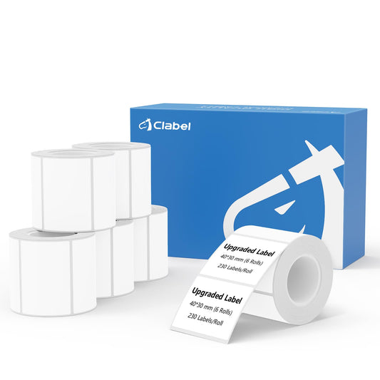 Clabel 1.57"x1.18" Thermal Sticker Label Paper, Compatible with 221D 321D Label Printer, Self-Adhensive Thermal Labels for Address, Logo, Shipping, Barcodes,QR Code (230 Labels/Roll,6 Rolls) 40*30