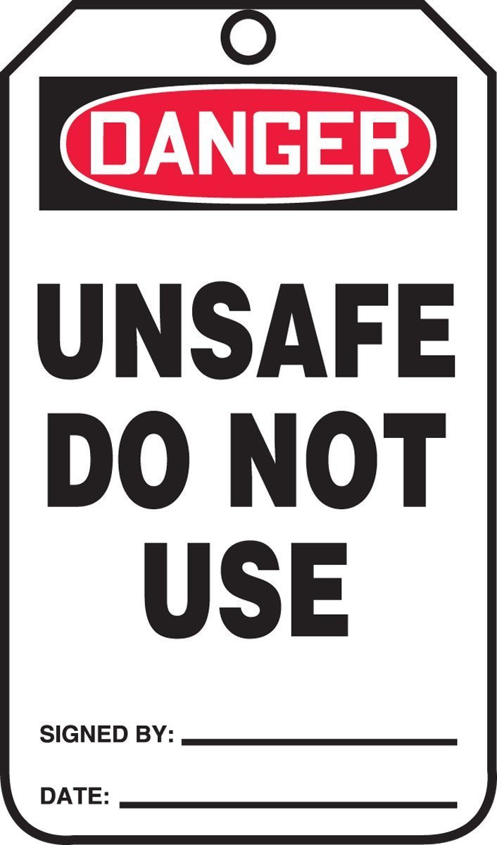 Accuform Signs MDT126CTP Safety Tag, Legend "Danger Unsafe DO NOT USE", 5.75" Length x 3.25" Width x 0.010" Thickness, PF-Cardstock, Red/Black on White (Pack of 25)