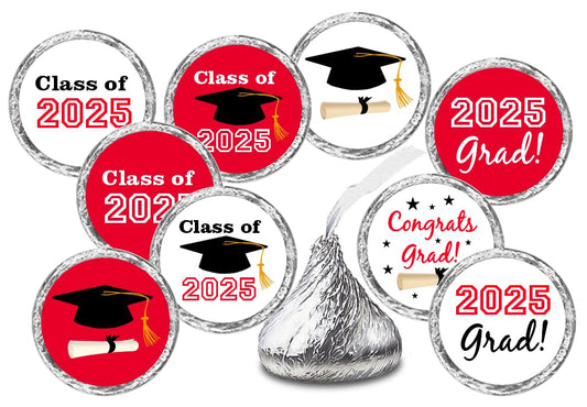 216 New Graduation Party Cap Class of 2025 Favor Kisses Stickers Labels Stickers. Grad Party Favor Decorations. Made in USA (red)