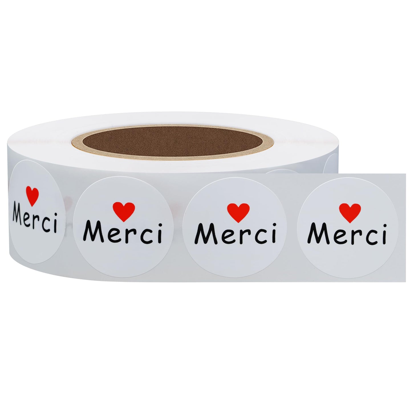 Hybsk 1 Inch Round French Thank You Merci Stickers White Adhesive Labels with Red Heart 1,000 Labels Per Roll