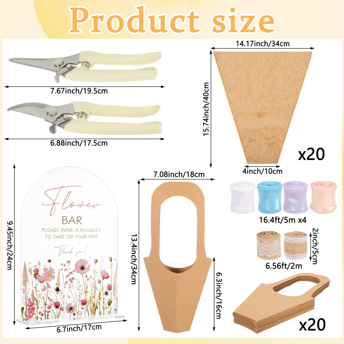 Flower Bar Supplies Set for Floral Bloom Decor Include Acrylic Flower Bar Sign Bouquet Wrapping Gift Bags Chiffon Ribbon and Garden Scissors, Applicable to Wedding Bridal Baby Shower Birthday Party