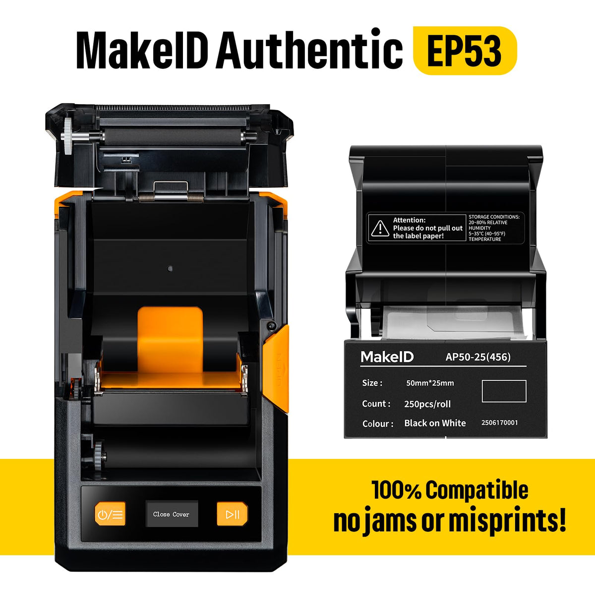 MakeID EP53 Labels, Self-Laminating Wire Wrap for Electrical&Datacom Cable, Integrated PE Labels with Ribbon Cartridge for EP53 Portable Industrial Label Maker 1 in H x 2 in W(100pcs)