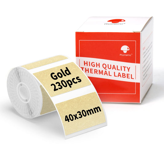 Phomemo Label Maker Original Gold Labels 1.57"x1.18"(40x30mm),Black on Gold, Compatible with Phomemo M110/M120/M200/M220/M221 Label Printer, Multi-Purpose Self-Adhesive Thermal Labels,230PCS/Roll