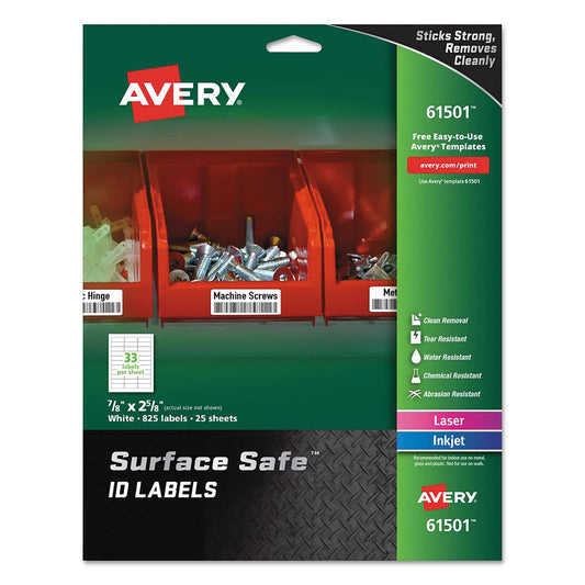 Avery Surface Safe ID Labels, 7/8" x 2 5/8", White, Pack of 825 Labels