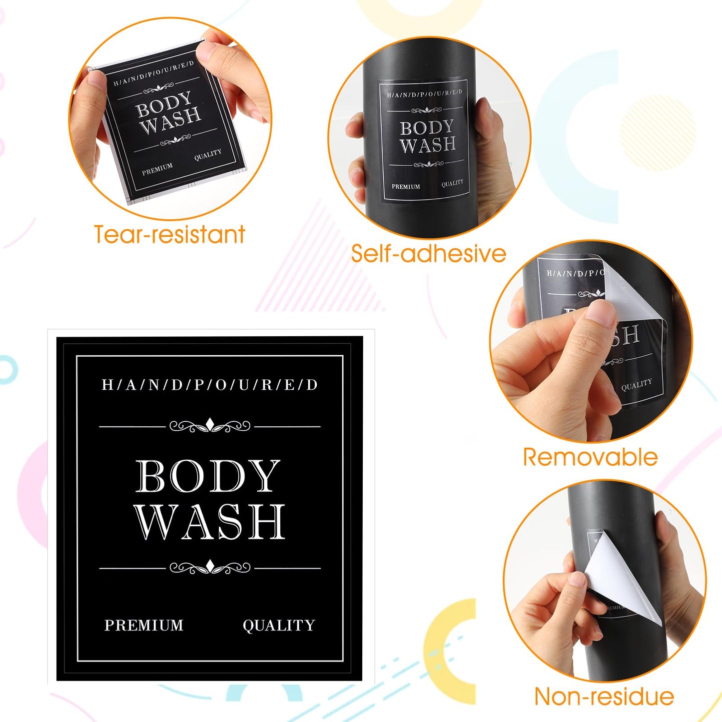 Waterproof Labels for Bottles, 30Pcs Removable Bathroom Organization Stickers for Hand/Dish Soap Shampoo Conditioner Body/Face Wash, Toiletry Labels for Plastic/Glass Bottles