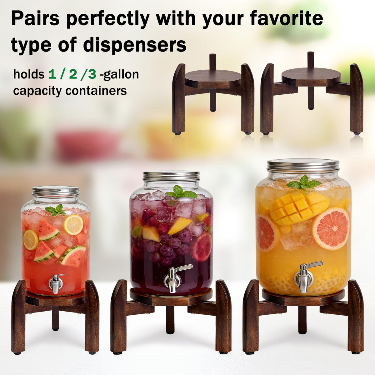 Adjustable Drink Dispenser Stand – Solid Wood Base Fits 8” to 11.2” Wide Containers, Heavy Duty 45 lbs Capacity for 5 Gallon Water Jug, Beverage Server, Flower Pot, Vase, Fish Bowl – Rustic Countertop Stand for Kitchen, Bar, Party