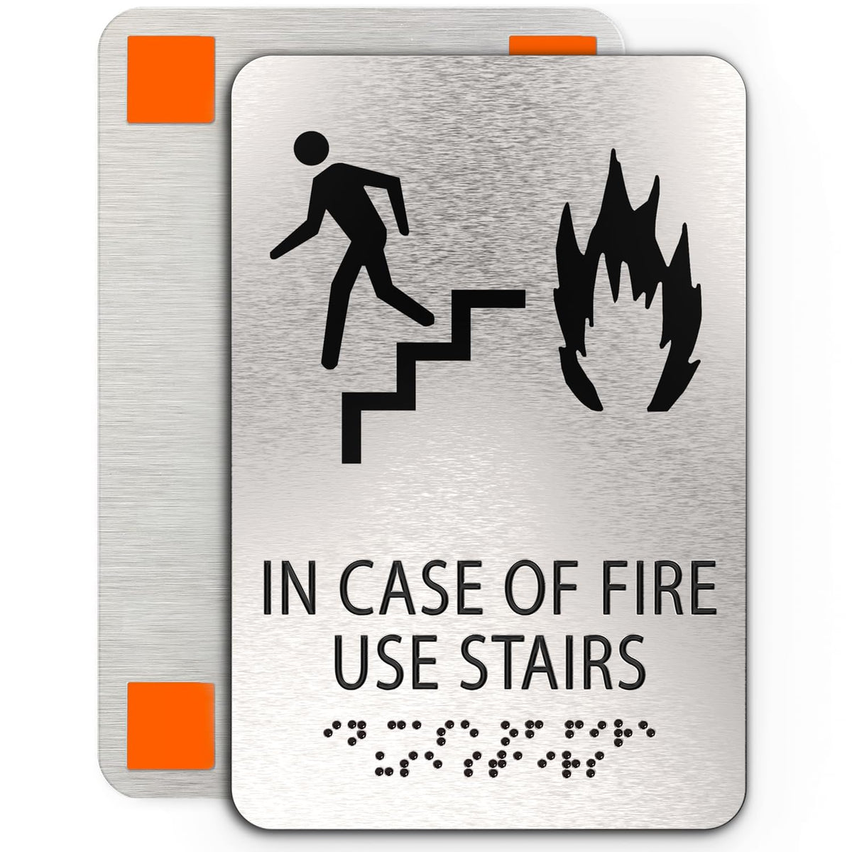 IN CASE OF FIRE Use Stairs sign , ADA Compliant, Man, Fire & Stair Symbols, Brushed Silver, Raised Black Text, Non Tactile Pictograms, Grade 2 Braille, 6"x9"