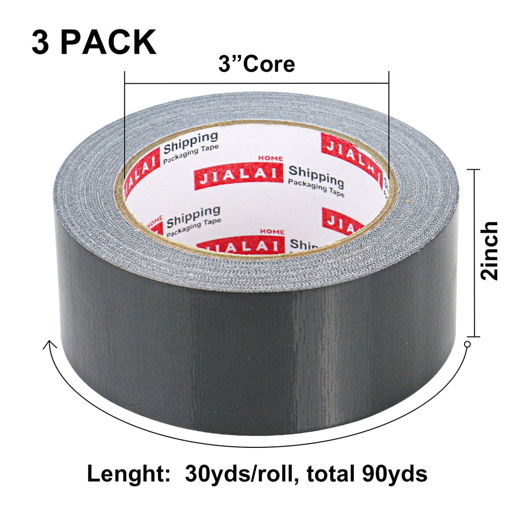 JIALAI HOME Heavy Duty Duct Tape, Black Tape 2 Inches x 30 Yards 3-Pack, 8.27 mil, Strong, Flexible, No Residue, All-Weather and Tear by Hand - for Repairs, Industrial, Professional Use