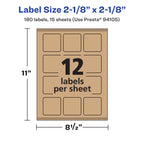 Avery® Kraft Brown Square Labels, Sure Feed® Technology, 2-1/8" x 2-1/8", 180 Kraft Brown Labels, Print-to-The-Edge, Laser/Inkjet Printable 180 labels