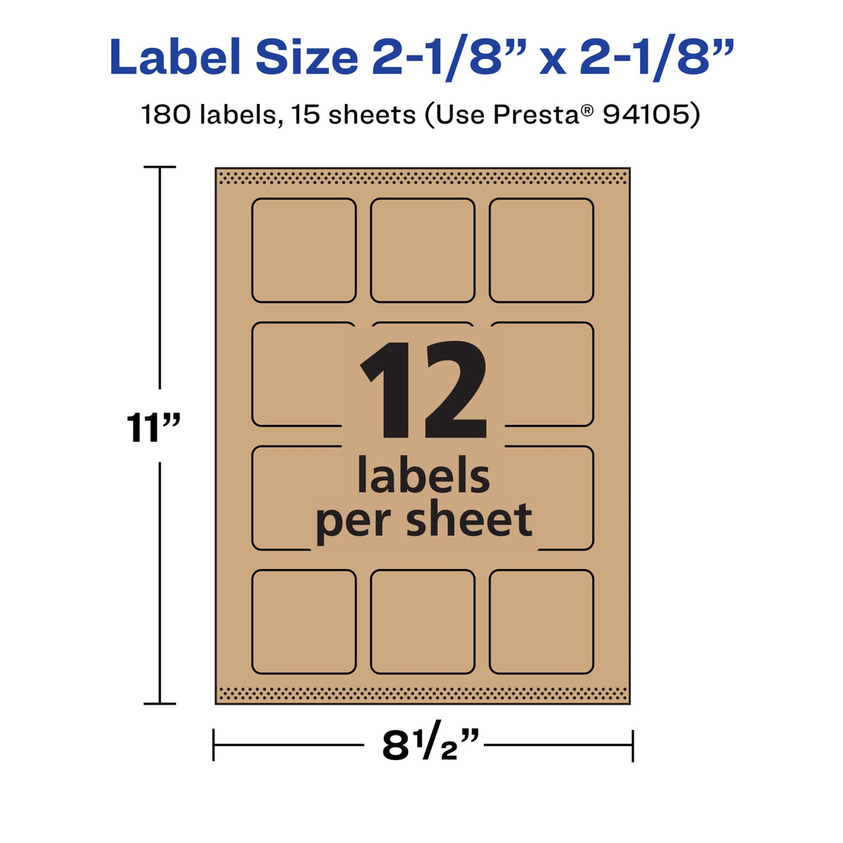 Avery® Kraft Brown Square Labels, Sure Feed® Technology, 2-1/8" x 2-1/8", 180 Kraft Brown Labels, Print-to-The-Edge, Laser/Inkjet Printable 180 labels