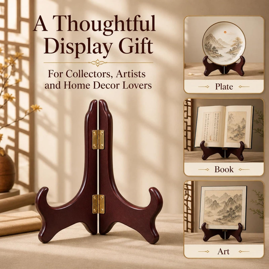 12 Inch Wooden Display Stand Folding Wood Plate Stand Frame, Decorative Plate Holders Stands for Display Pictures, Cookbooks, Birthday, Home, Party, Table Easel Display (Burgundy) Burgundy