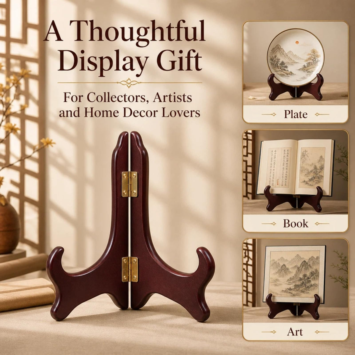 12 Inch Wooden Display Stand Folding Wood Plate Stand Frame, Decorative Plate Holders Stands for Display Pictures, Cookbooks, Birthday, Home, Party, Table Easel Display (Burgundy) Burgundy